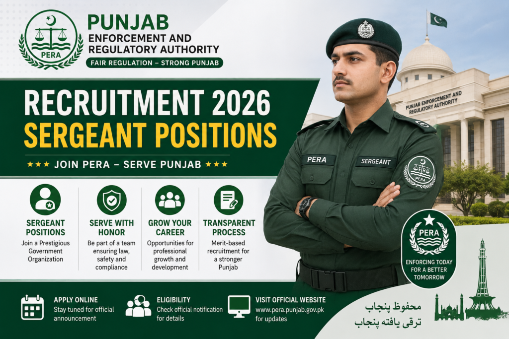 PERA Force Sergeant Jobs 2026 official recruitment for 1010 BS-07 vacancies in Punjab.