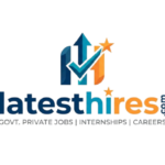A professional logo for latesthires.com featuring a stylized "LH" monogram with an upward arrow and a checkmark, symbolizing career growth and successful hiring. Below the icon, the website name "latesthires.com" is displayed in blue and orange text, followed by the tagline "GOVT. PRIVATE JOBS | INTERNSHIPS | CAREERS."