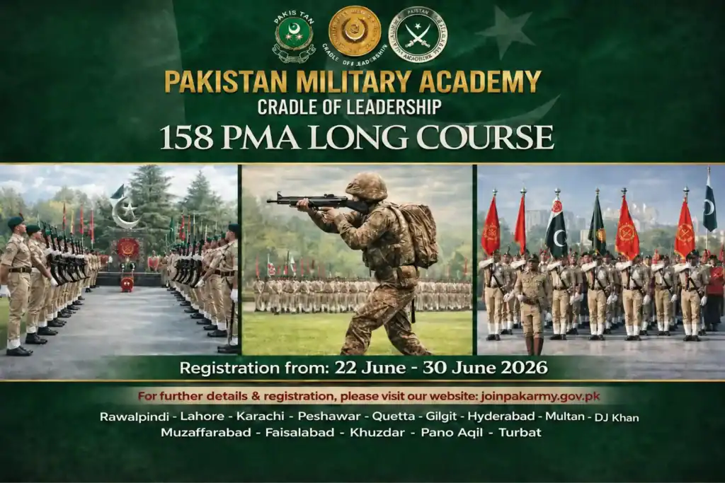 Pakistan Military Academy 158 PMA Long Course banner showing cadets in parade formation, a soldier aiming a rifle, academy emblems, registration dates from 22 June to 30 June 2026, and official website details.