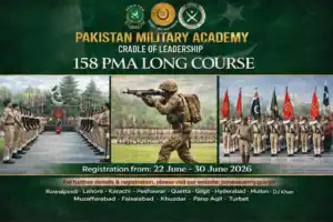 PMA Long Course 158 — Pakistan Army Officer Recruitment 2026 Pakistan Military Academy 158 PMA Long Course banner showing cadets in parade formation, a soldier aiming a rifle, academy emblems, registration dates from 22 June to 30 June 2026, and official website details.