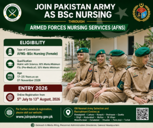 AFNS 2026 — Join Pakistan Army Nursing Service AFNS 2026 registration for female nursing candidates in Pakistan Army AFNS 2026 registration for female nursing candidates in Pakistan Army AFNS 2026 registration is open for eligible female candidates through the official Join Pakistan Army portal.